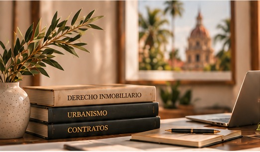 Libros de derecho inmobiliario y escritorio de trabajo