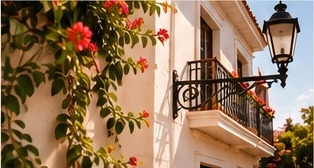 Balcón colonial adornado con flores