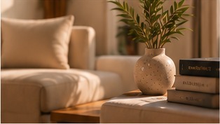 Sala cálida con libros y una planta