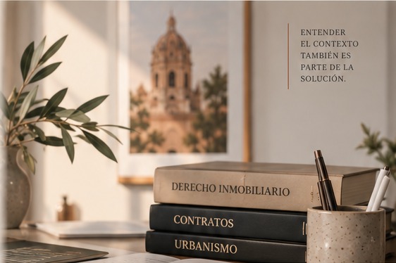 Espacio de trabajo jurídico con libros de derecho inmobiliario